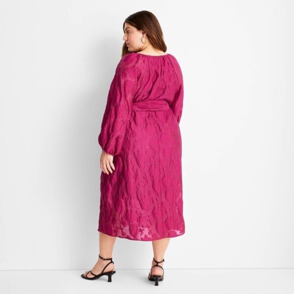 Future Collective x Jenny K. Lopez Puff-Sleeve Belted Midi Dress – Maroon / Deep - Picture 2 of 2